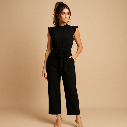 Woman wearing a high-neck tailored jumpsuit with cap sleeves and a waist belt, perfect for formal events, parties, and elegant dinners.