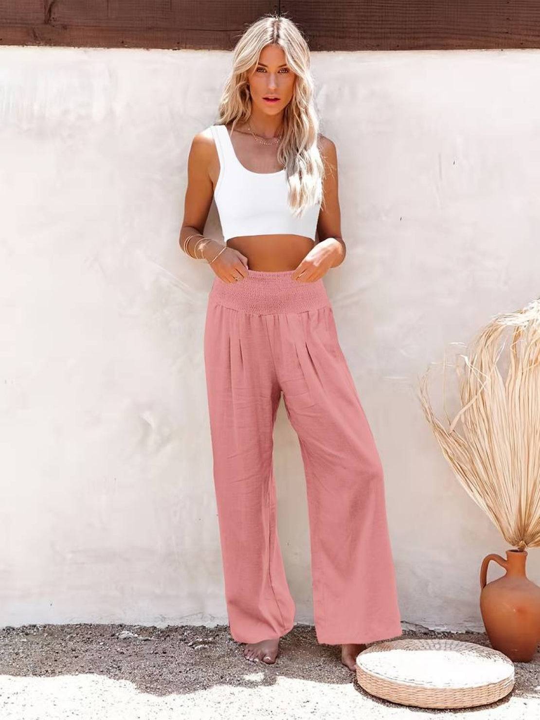 Women's High Waist Wide Leg Pants Smocked Waist