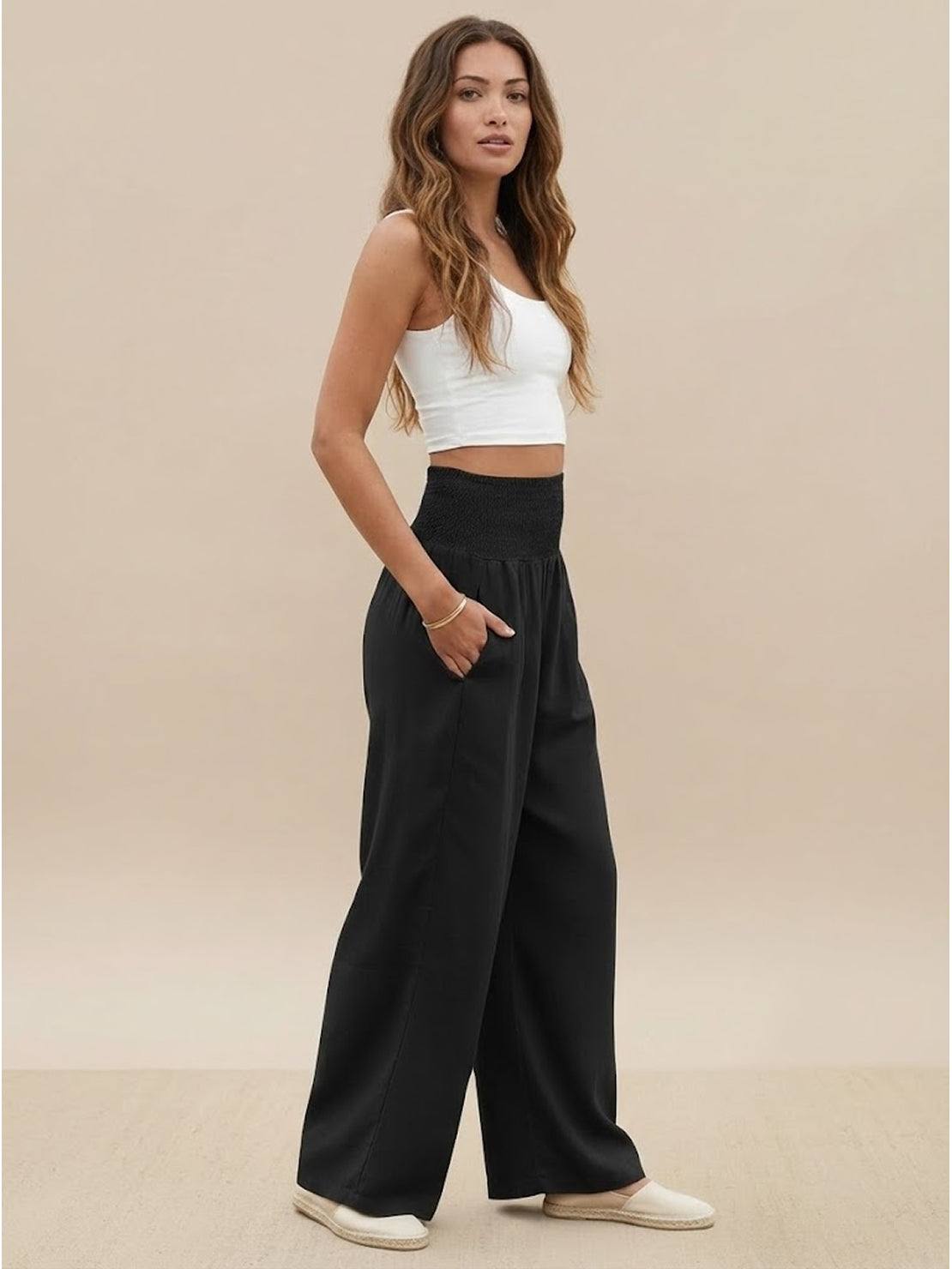 Women's High Waist Wide Leg Pants Smocked Waist