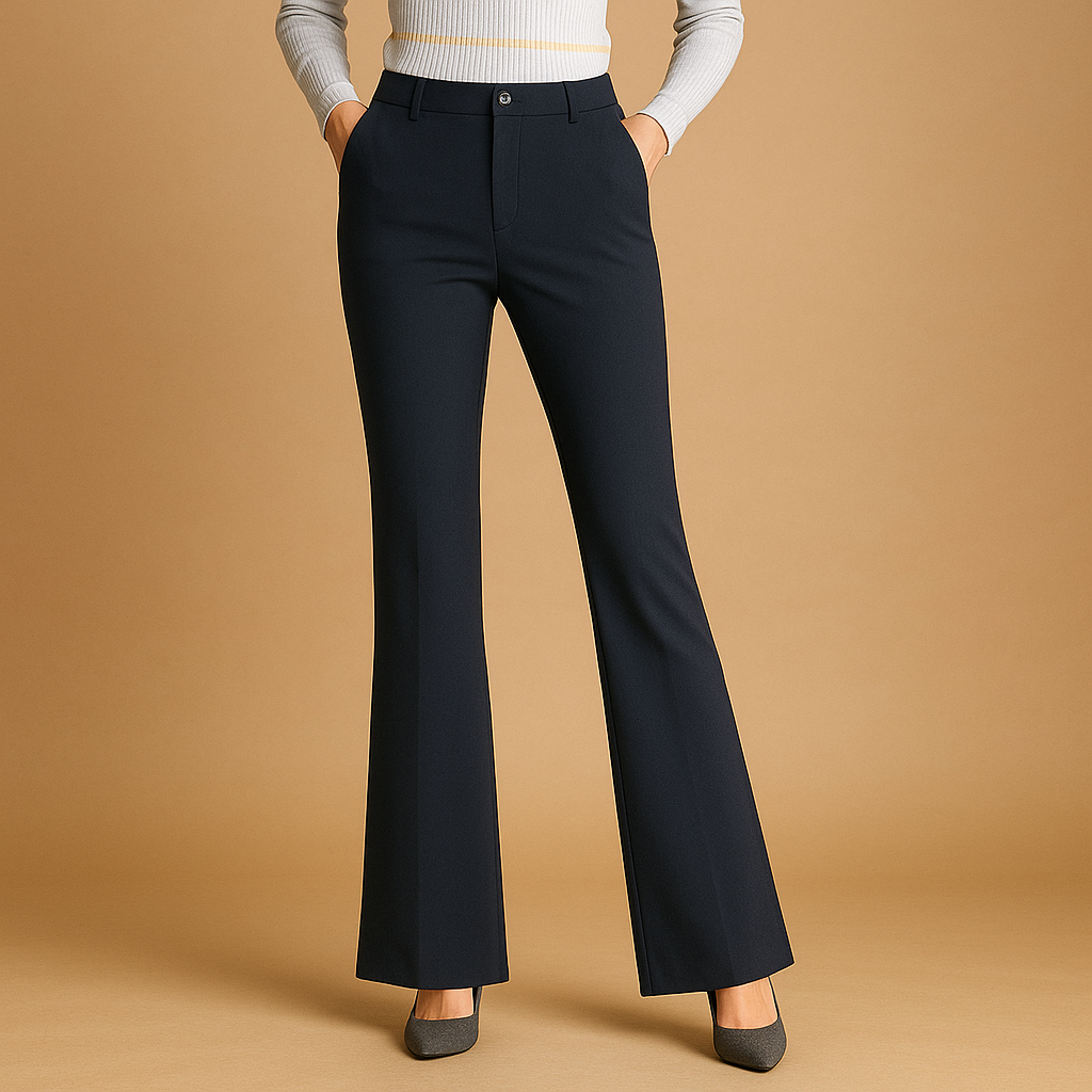 Women’s high waist flared trousers with an elegant silhouette and wide leg design, suitable for office outfits, casual looks, and modern everyday style.