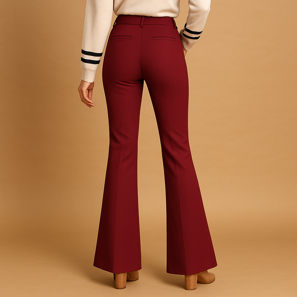 Women’s high waist flared trousers with an elegant silhouette and wide leg design, suitable for office outfits, casual looks, and modern everyday style.