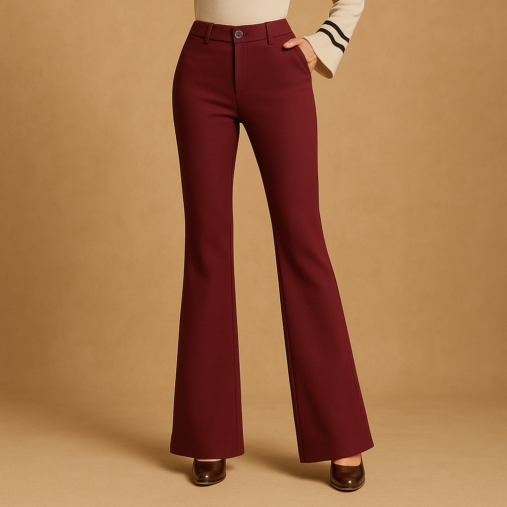 Women’s high waist flared trousers with an elegant silhouette and wide leg design, suitable for office outfits, casual looks, and modern everyday style.