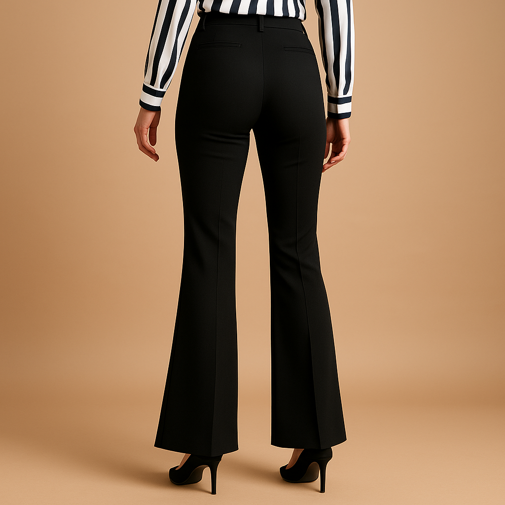 Women’s high waist flared trousers with an elegant silhouette and wide leg design, suitable for office outfits, casual looks, and modern everyday style.