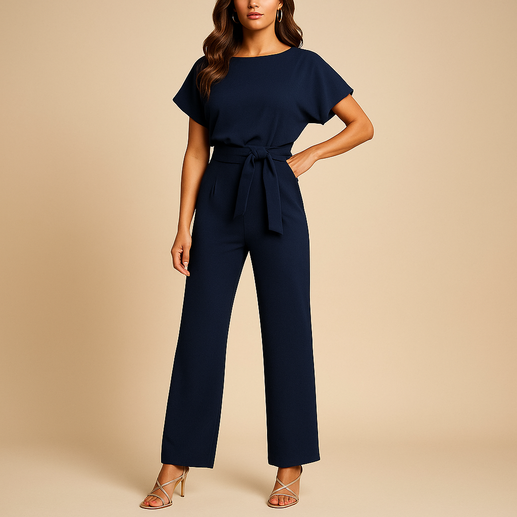 Woman wearing a high-waist lace-tie jumpsuit with a flattering tailored fit and soft draping fabric, suitable for work, evenings out, and chic casual occasions.