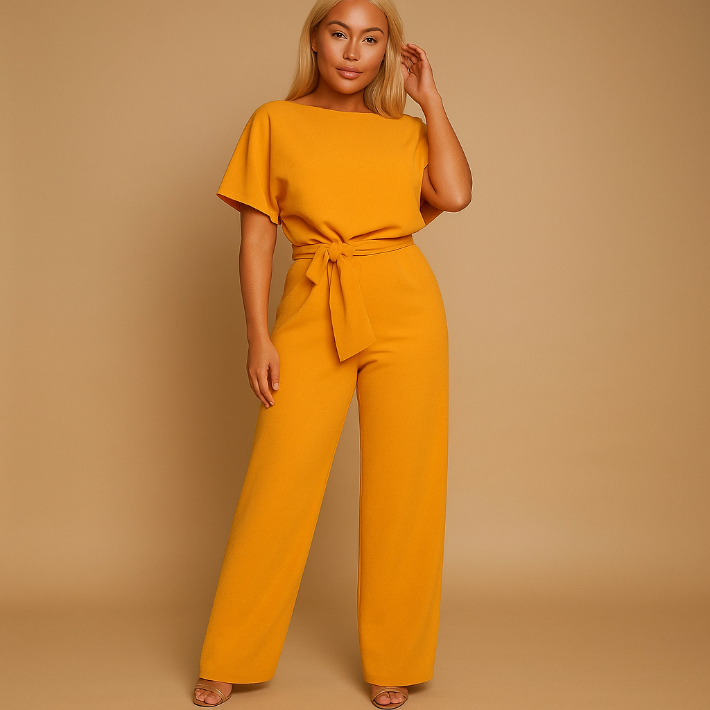 Woman wearing a high-waist lace-tie jumpsuit with a flattering tailored fit and soft draping fabric, suitable for work, evenings out, and chic casual occasions.