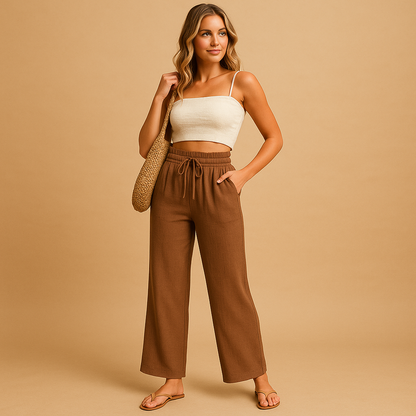 Women’s high waist lounge trousers with straight legs and relaxed fit, perfect for comfortable loungewear, casual outfits, and relaxed everyday style.