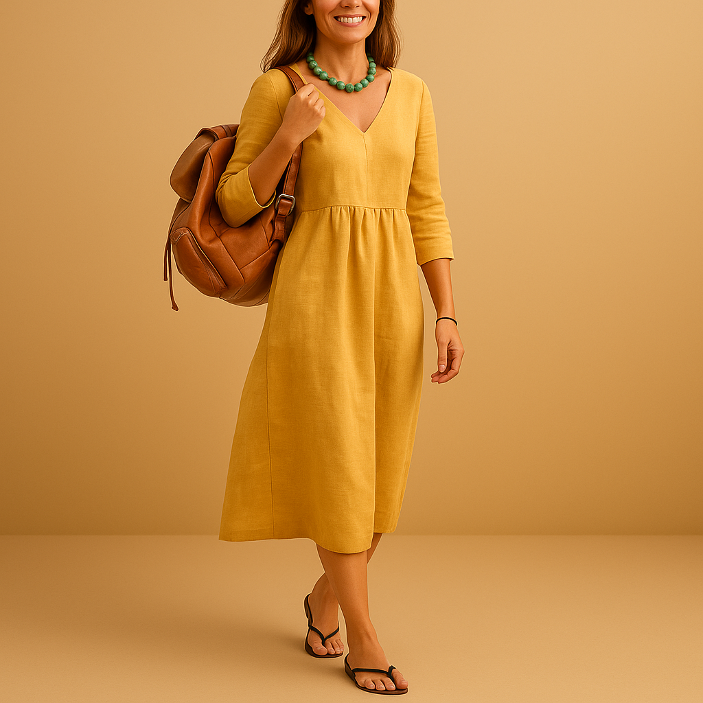Women’s high waist midi dress with V-neck and half sleeves, perfect for formal events, office wear, and stylish everyday outfits.