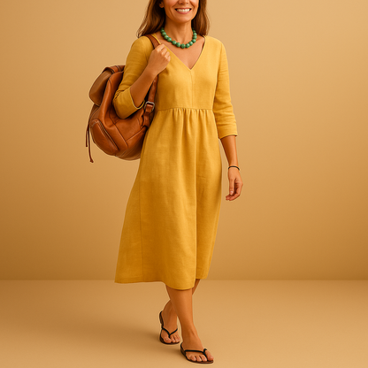 Women’s high waist midi dress with V-neck and half sleeves, perfect for formal events, office wear, and stylish everyday outfits.