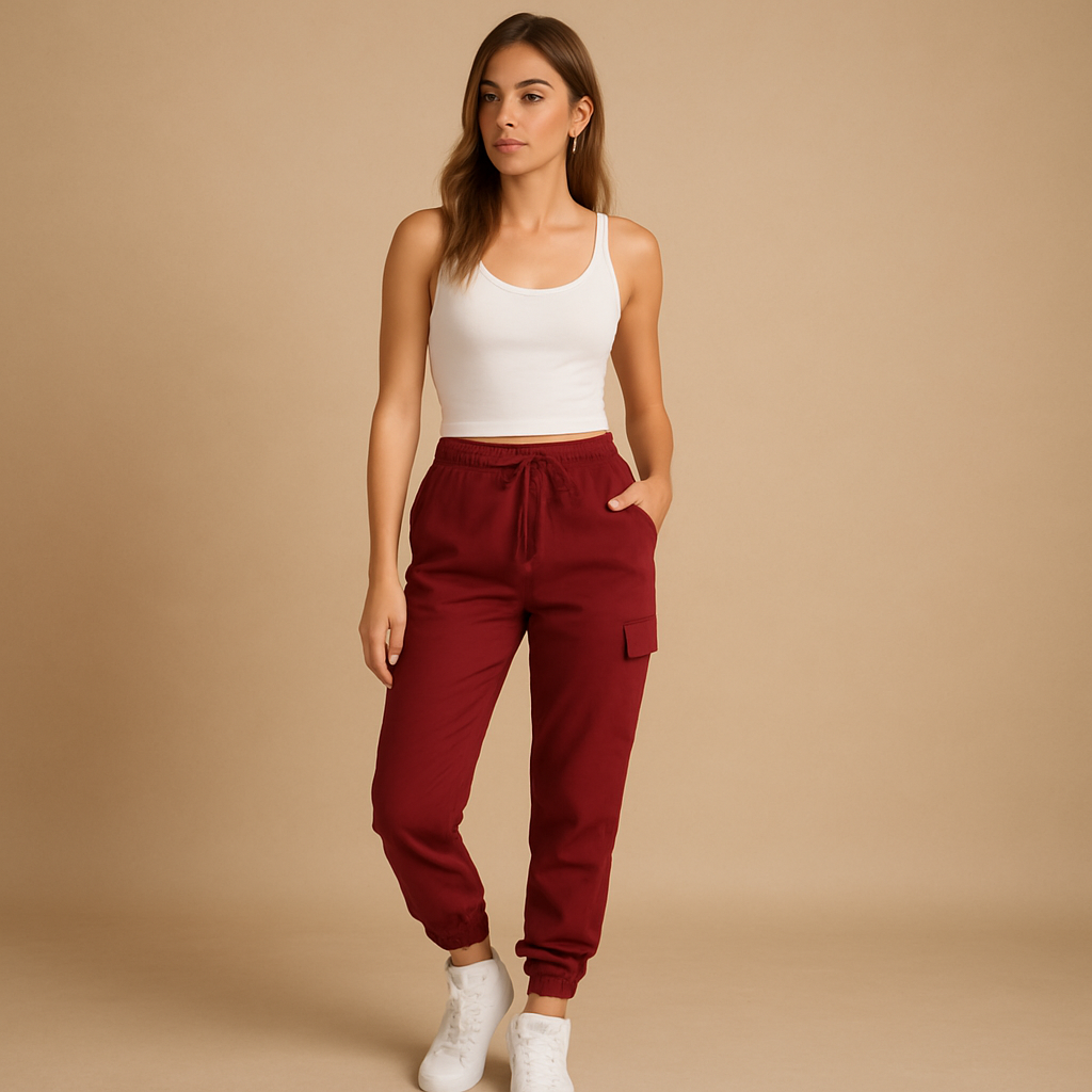 Women’s high waist slim fit cargo trousers with functional pockets and modern silhouette, perfect for casual outfits and stylish everyday wear.