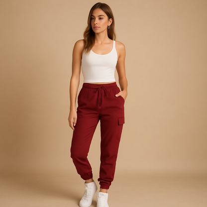 Women’s high waist slim fit cargo trousers with functional pockets and modern silhouette, perfect for casual outfits and stylish everyday wear.