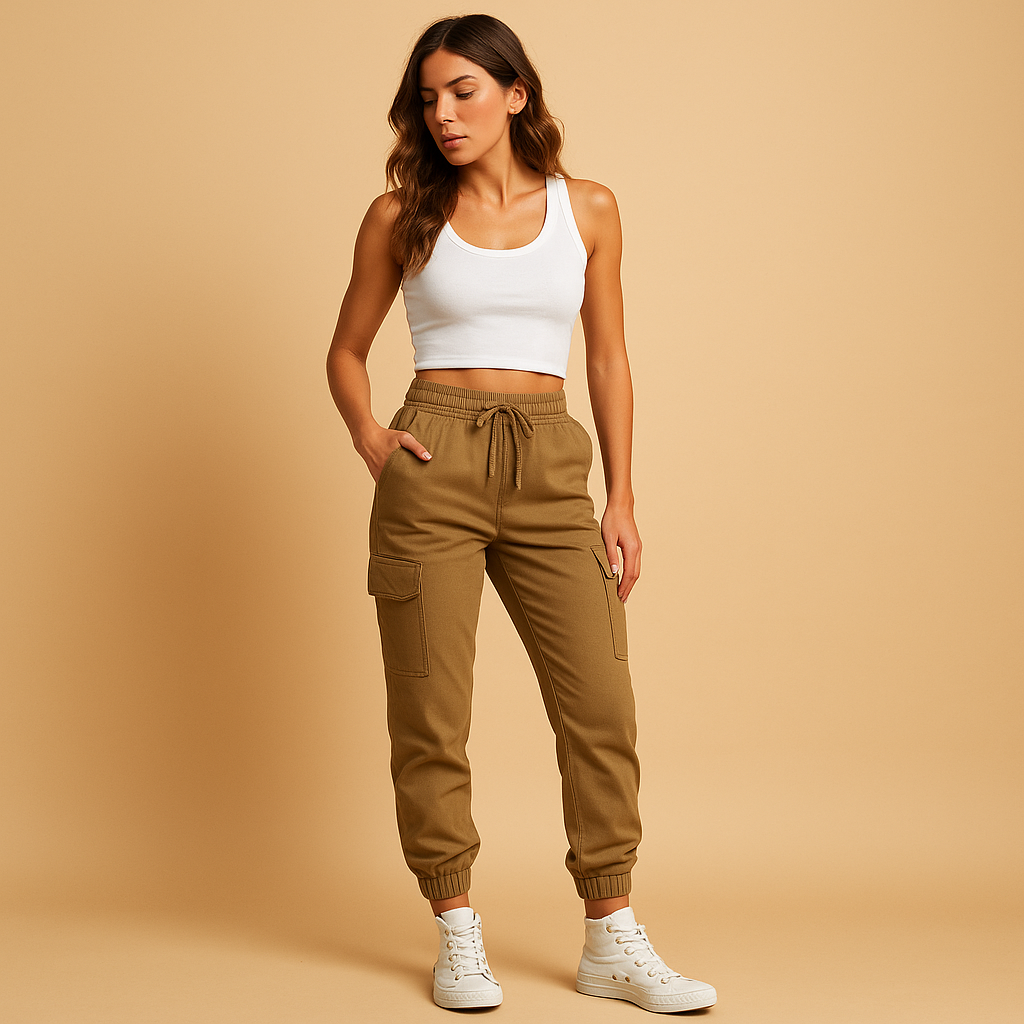 Women’s high waist slim fit cargo trousers with functional pockets and modern silhouette, perfect for casual outfits and stylish everyday wear.