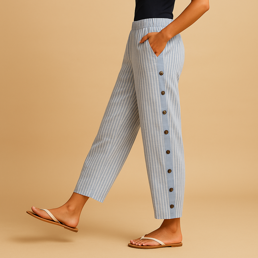 High waist striped trousers for women with vertical stripes and elegant silhouette, perfect for office wear, dinners, and stylish everyday outfits.