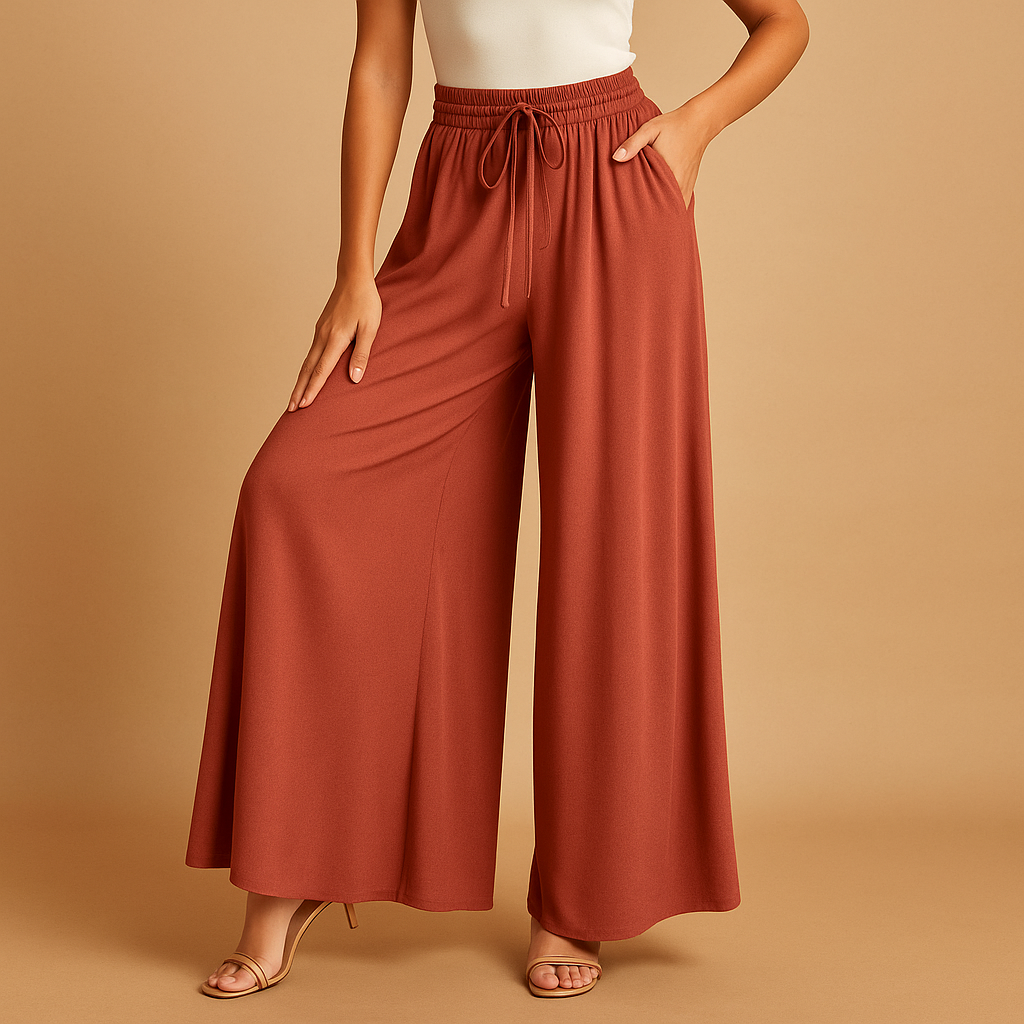 High waist wide leg trousers for women with elastic waistband and elegant silhouette, ideal for work outfits, casual looks, and modern everyday style.