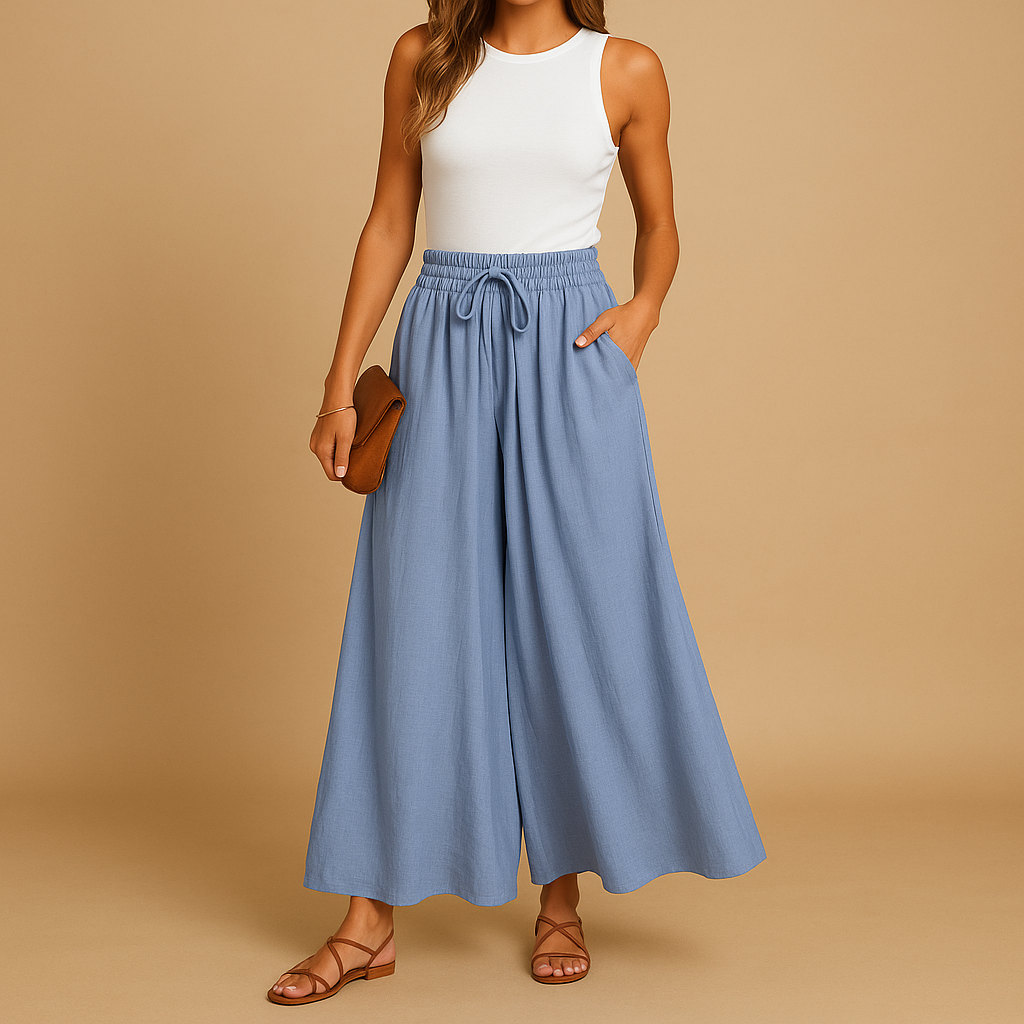 High waist wide leg trousers for women with elastic waistband and elegant silhouette, ideal for work outfits, casual looks, and modern everyday style.