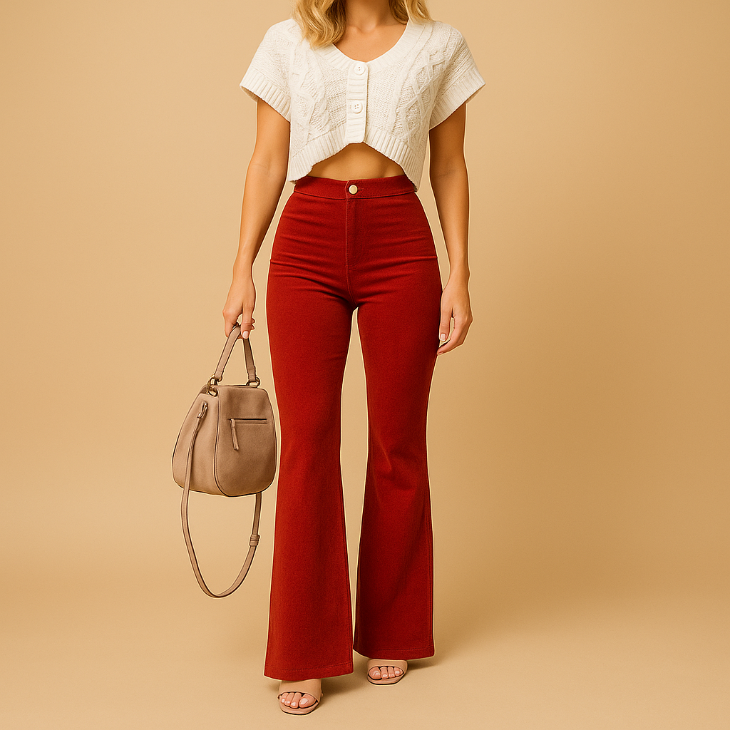 High-waisted flared corduroy trousers for women with a flattering retro silhouette, ideal for casual outfits and elegant everyday styling.