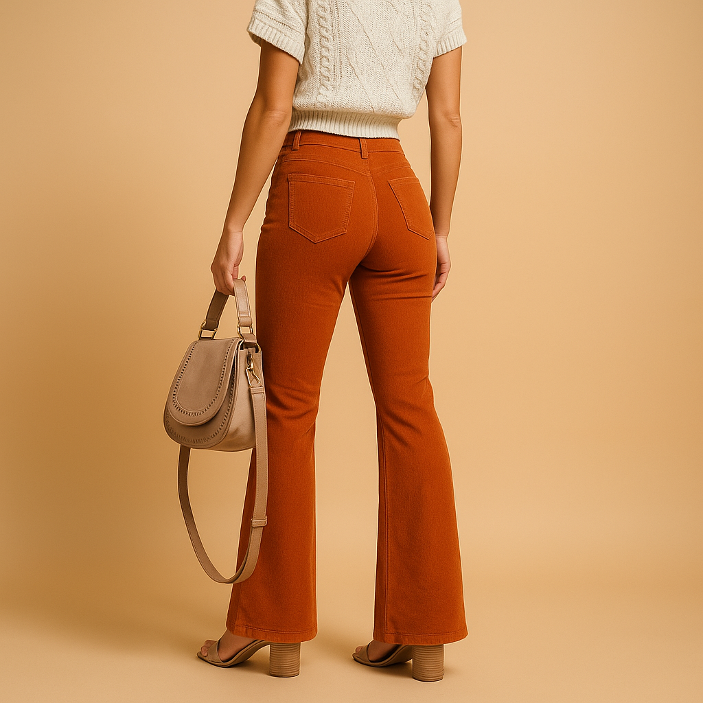 High-waisted flared corduroy trousers for women with a flattering retro silhouette, ideal for casual outfits and elegant everyday styling.
