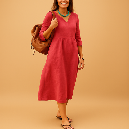 High waisted midi dress for women with elegant V-neck and half sleeves, perfect for formal events, office wear, and casual occasions.
