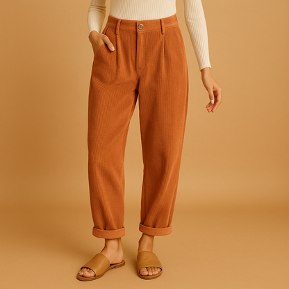 High-waisted straight leg corduroy trousers for women with a relaxed comfortable fit, ideal for autumn outfits, casual wear, and stylish everyday looks.