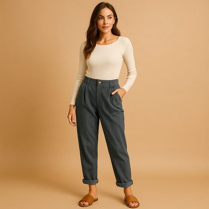 High-waisted straight leg corduroy trousers for women with a relaxed comfortable fit, ideal for autumn outfits, casual wear, and stylish everyday looks.