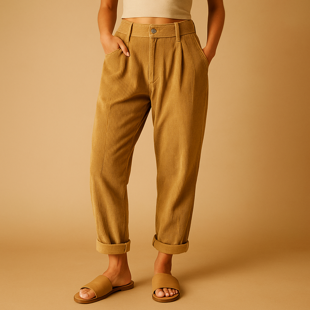 High-waisted straight leg corduroy trousers for women with a relaxed comfortable fit, ideal for autumn outfits, casual wear, and stylish everyday looks.