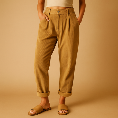High-waisted straight leg corduroy trousers for women with a relaxed comfortable fit, ideal for autumn outfits, casual wear, and stylish everyday looks.