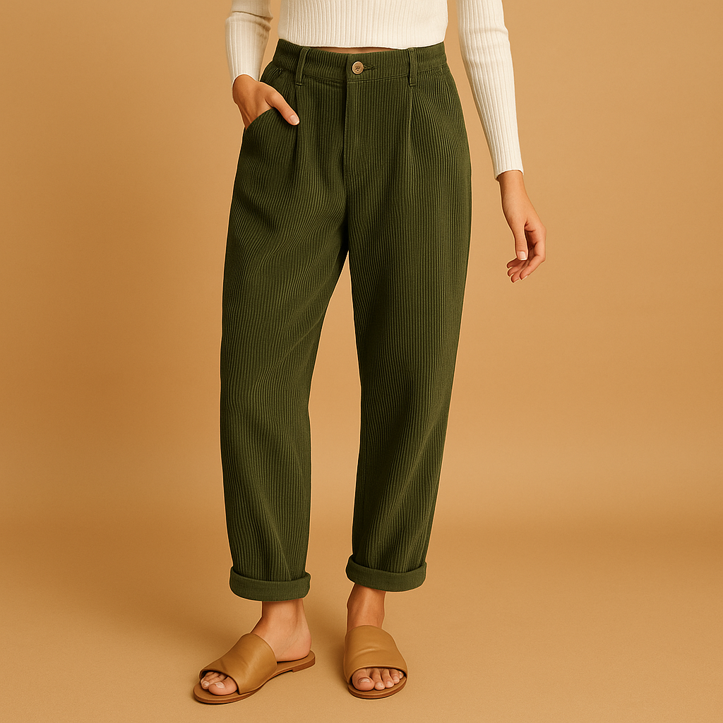 High-waisted straight leg corduroy trousers for women with a relaxed comfortable fit, ideal for autumn outfits, casual wear, and stylish everyday looks.