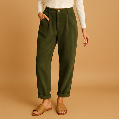 High-waisted straight leg corduroy trousers for women with a relaxed comfortable fit, ideal for autumn outfits, casual wear, and stylish everyday looks.