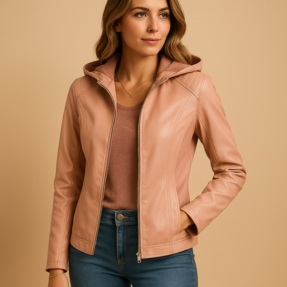 Woman wearing a hooded jacket for women with a regular fit, removable hood, and gold tone details, styled for casual and smart casual looks.
