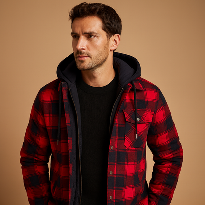 Men’s hooded puffer jacket with classic design, providing warmth, wind resistance, and comfort for cold winter days.