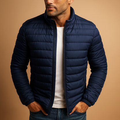 Men’s hooded puffer jacket with classic design, providing warmth, wind resistance, and comfort for cold winter days.