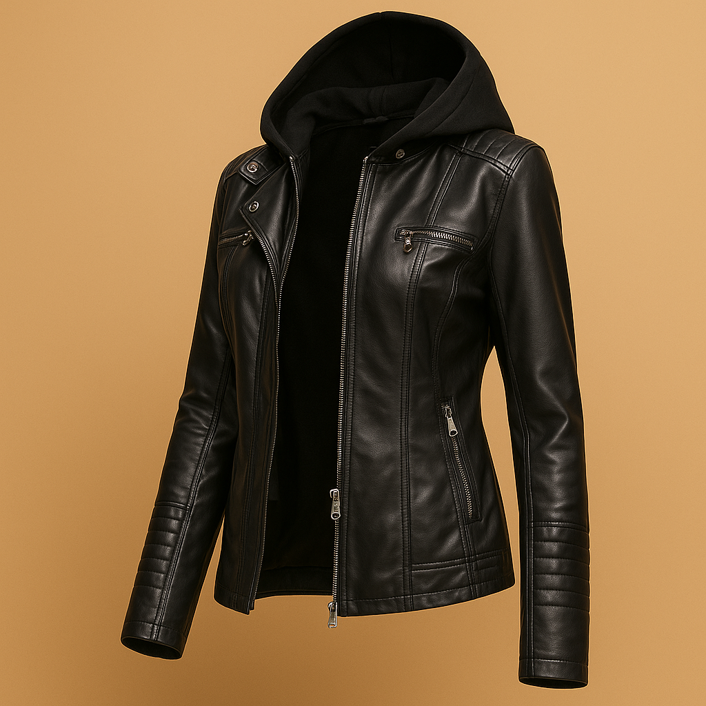 Woman wearing a hooded tailored coat for women with a removable knitted hood and double zipper, styled for city wear and cooler seasons.