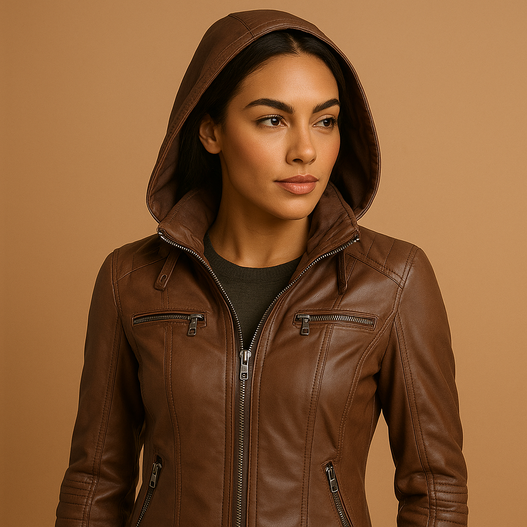 Woman wearing a hooded tailored coat for women with a removable knitted hood and double zipper, styled for city wear and cooler seasons.