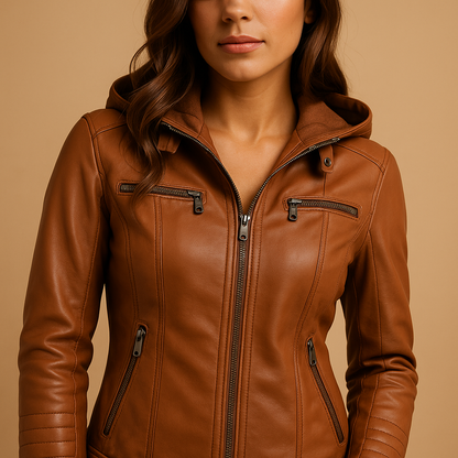Woman wearing a hooded tailored coat for women with a removable knitted hood and double zipper, styled for city wear and cooler seasons.