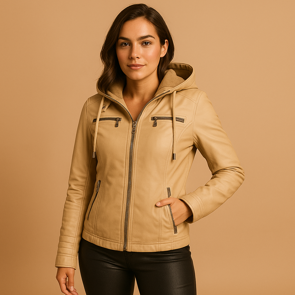 Woman wearing a hooded tailored coat for women with a removable knitted hood and double zipper, styled for city wear and cooler seasons.