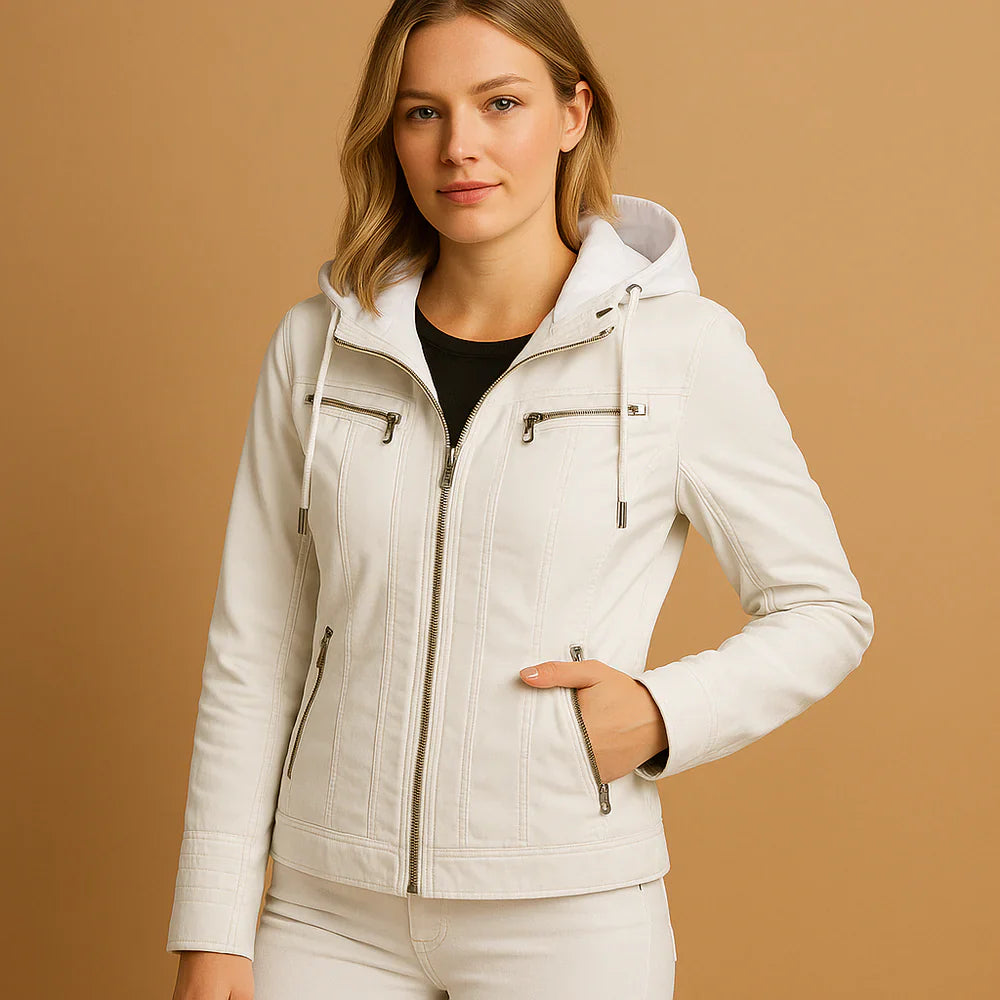 Woman wearing a hooded tailored coat for women with a removable knitted hood and double zipper, styled for city wear and cooler seasons.