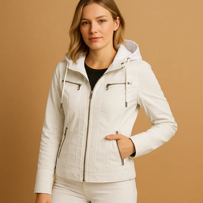 Woman wearing a hooded tailored coat for women with a removable knitted hood and double zipper, styled for city wear and cooler seasons.