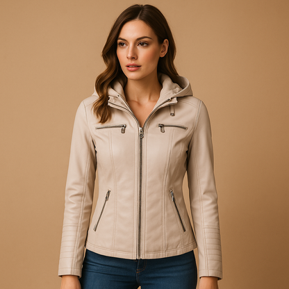 Woman wearing a hooded tailored coat for women with a removable knitted hood and double zipper, styled for city wear and cooler seasons.