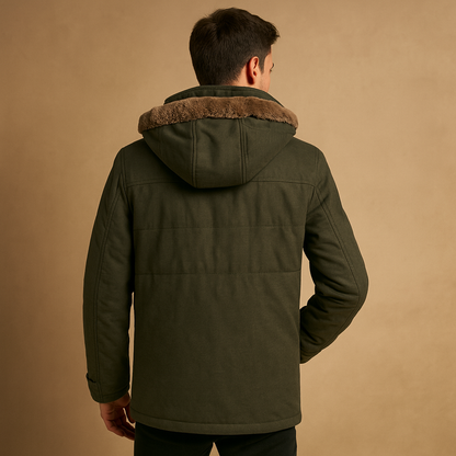 Men’s hooded winter coat with thick insulation and a classic design, suitable for daily wear and outdoor activities during cold winter days.