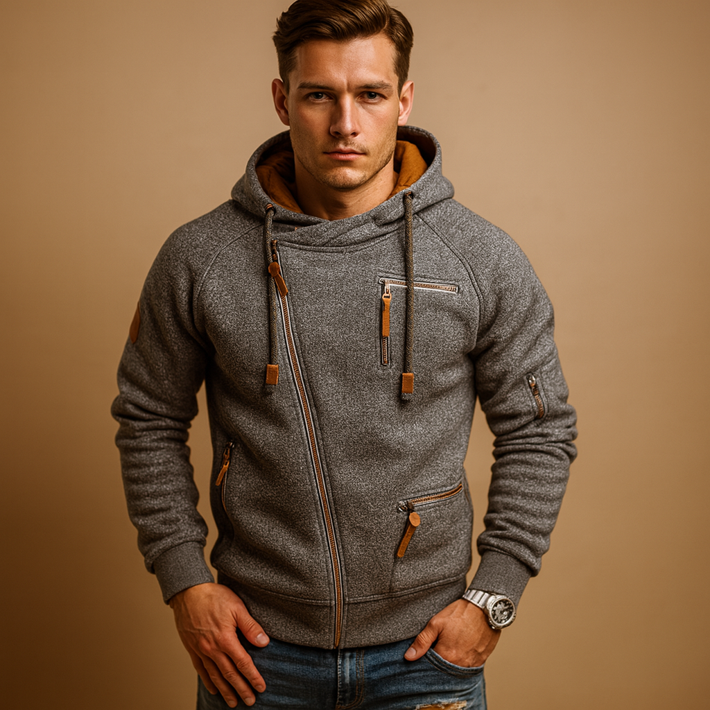 Warm hooded zip vest for men with practical pockets and a modern design, ideal for casual and semi-formal wear in autumn and winter.