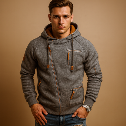 Warm hooded zip vest for men with practical pockets and a modern design, ideal for casual and semi-formal wear in autumn and winter.