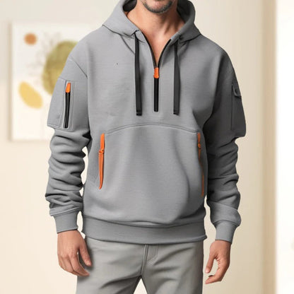 Men's Comfortable Half-Zip Hoodie with Adjustable Zipper - Everyday Casual Pullover