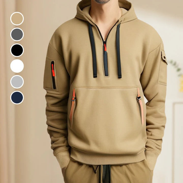Men's Comfortable Half-Zip Hoodie with Adjustable Zipper - Everyday Casual Pullover