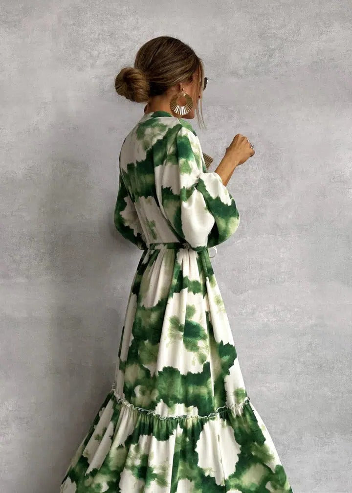 Women's Long Sleeve Maxi Dress Tiered Belted Tie Dye - VibreMode