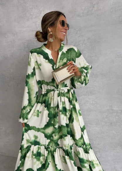 Women's Long Sleeve Maxi Dress Tiered Belted Tie Dye