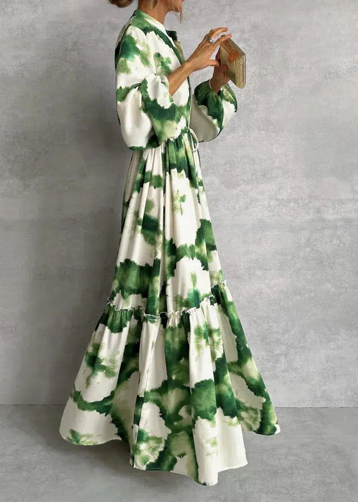 Women's Long Sleeve Maxi Dress Tiered Belted Tie Dye