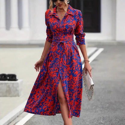 Valentina Women's Midi Shirt Dress Abstract Print Belted Cotton - VibreMode
