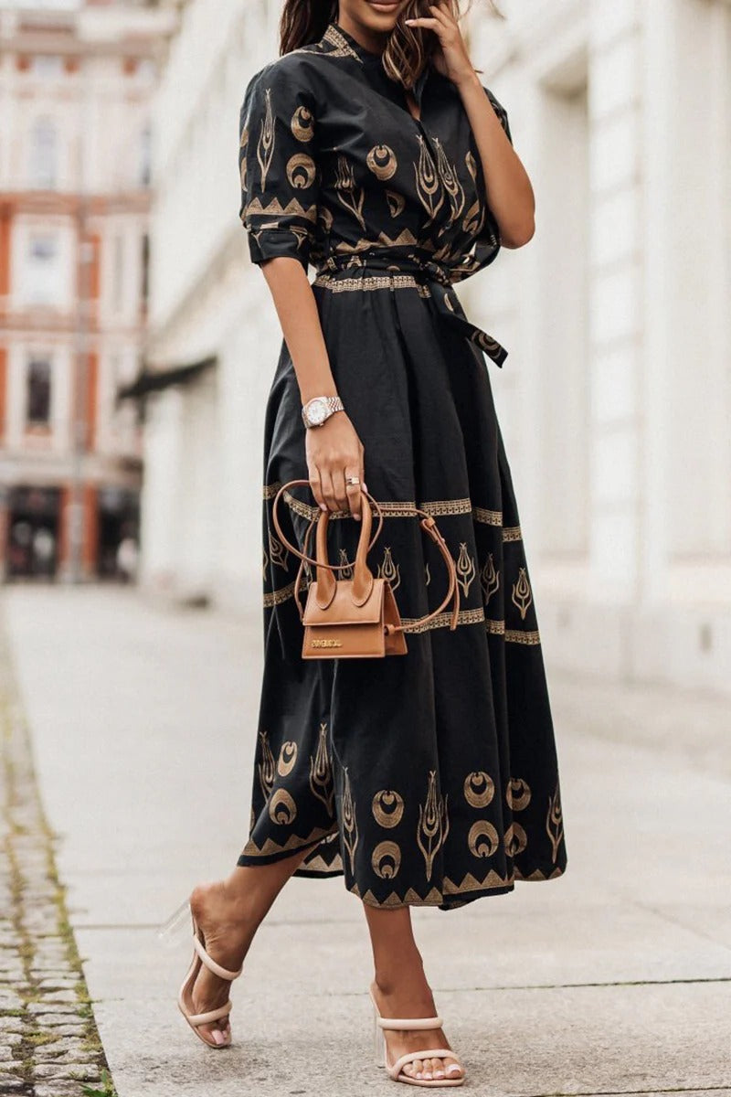 Women's Boho Print Midi Dress Belted - VibreMode