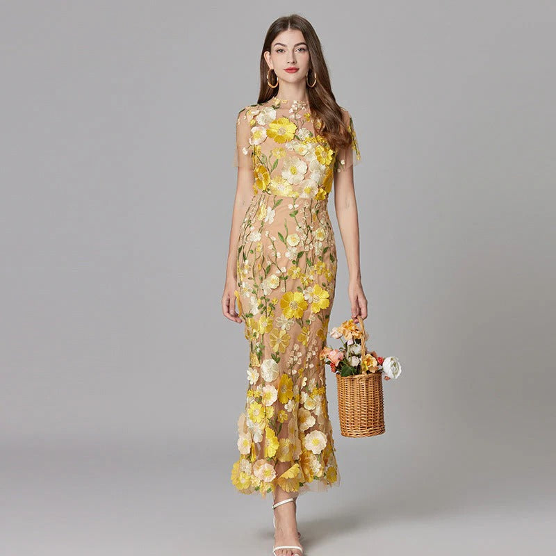 Women's Floral Mesh Sleeveless Maxi Dress - VibreMode