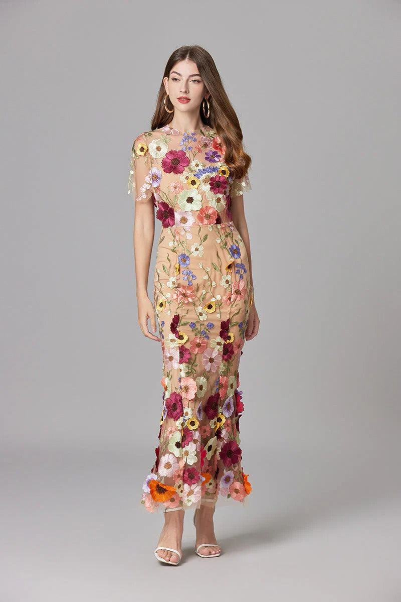 Women's Floral Mesh Sleeveless Maxi Dress