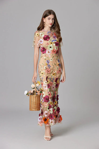 Women's Floral Mesh Sleeveless Maxi Dress